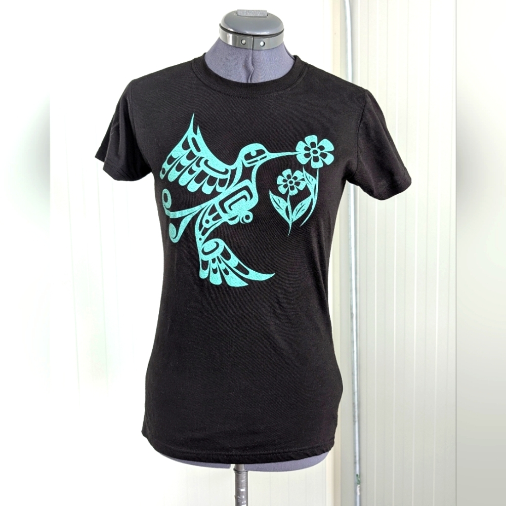 Native Northwest Hummingbird bird tee black turquoise small Vancouver Canada
